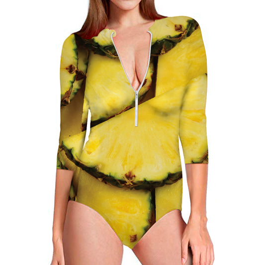 Pineapple Slices Print Long Sleeve Swimsuit