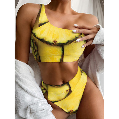Pineapple Slices Print One Shoulder Bikini Top