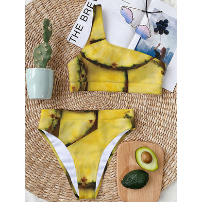 Pineapple Slices Print One Shoulder Bikini Top