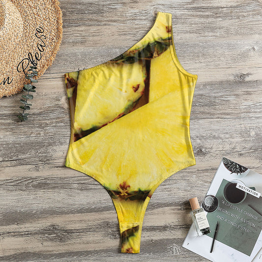 Pineapple Slices Print One Shoulder Bodysuit
