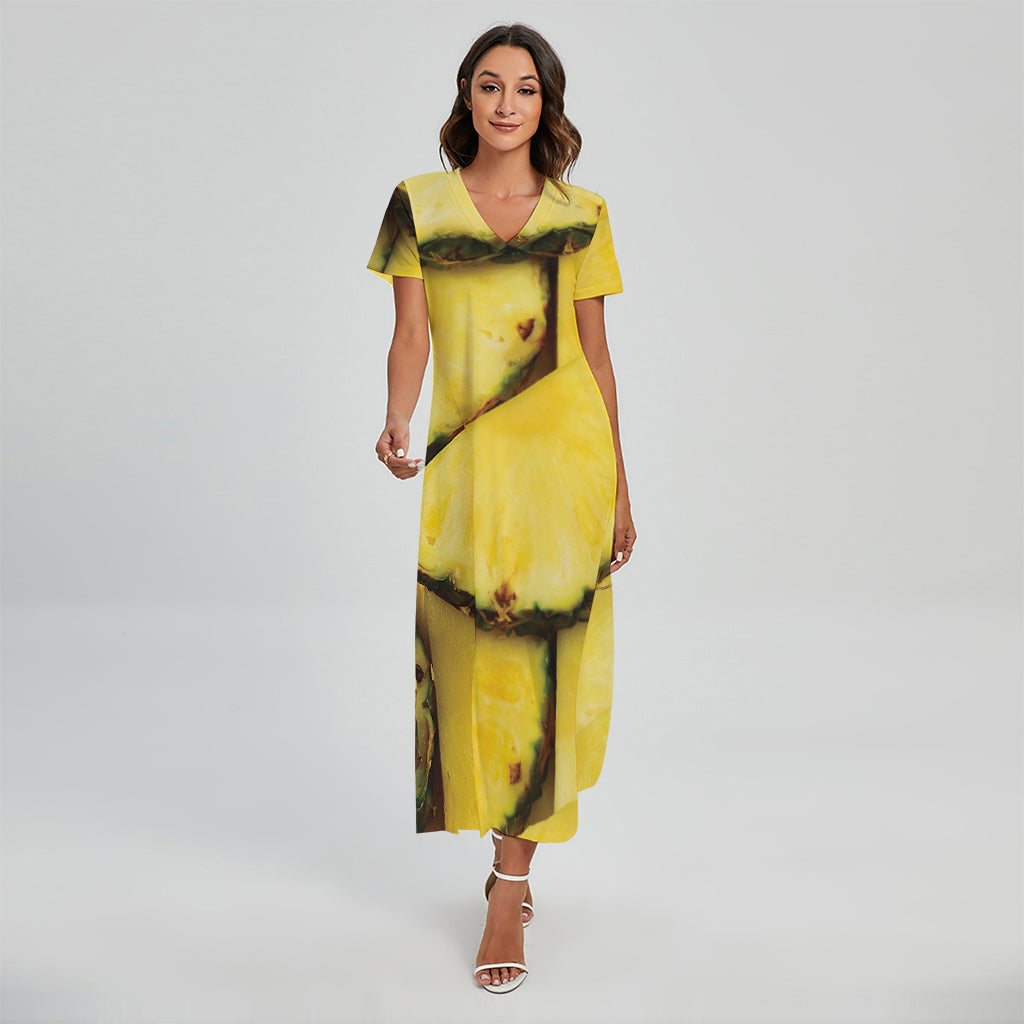 Pineapple Slices Print Short Sleeve Maxi Dress