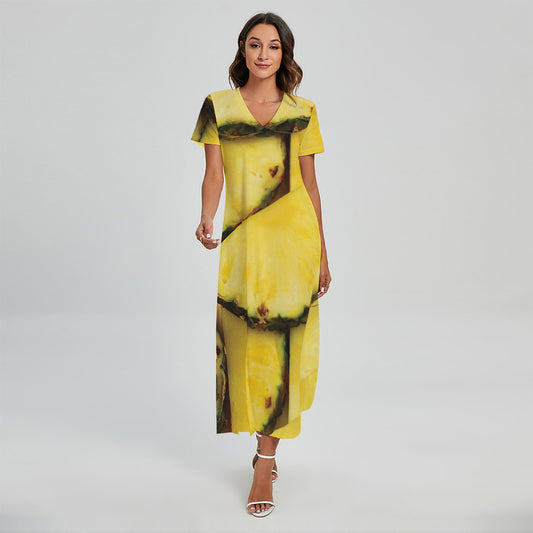 Pineapple Slices Print Short Sleeve Maxi Dress