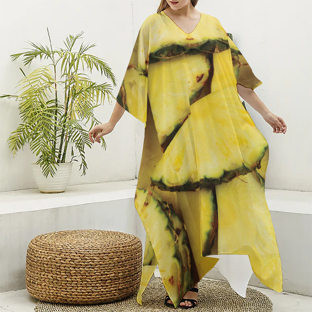 Pineapple Slices Print Silk V-Neck Kaftan Dress
