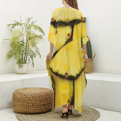 Pineapple Slices Print Silk V-Neck Kaftan Dress