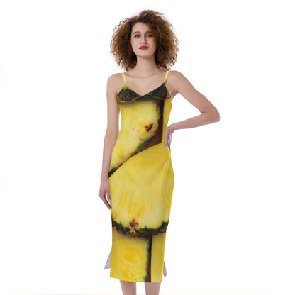Pineapple Slices Print Slim Fit Midi Cami Dress