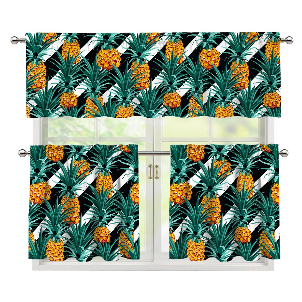 Pineapple Striped Pattern Print 3 Piece Kitchen Curtains