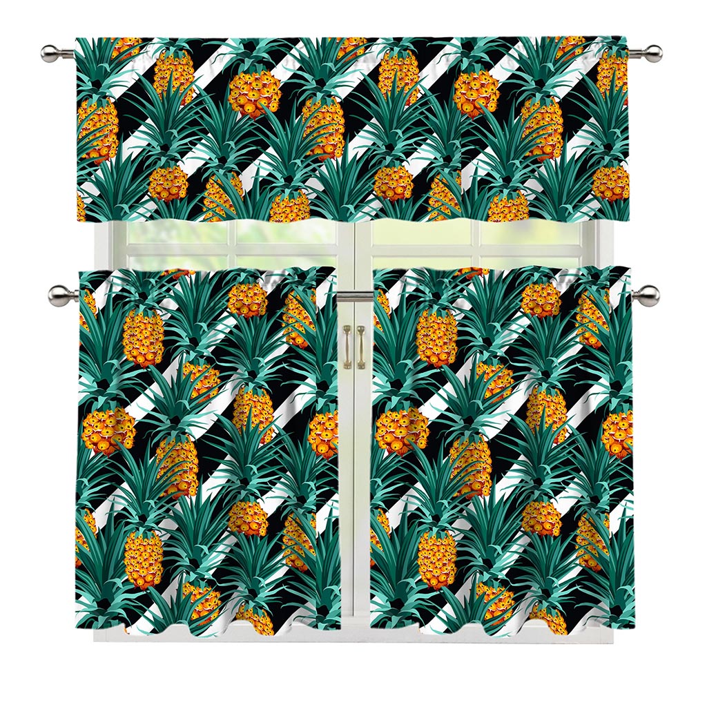 Pineapple Striped Pattern Print 3 Piece Kitchen Curtains