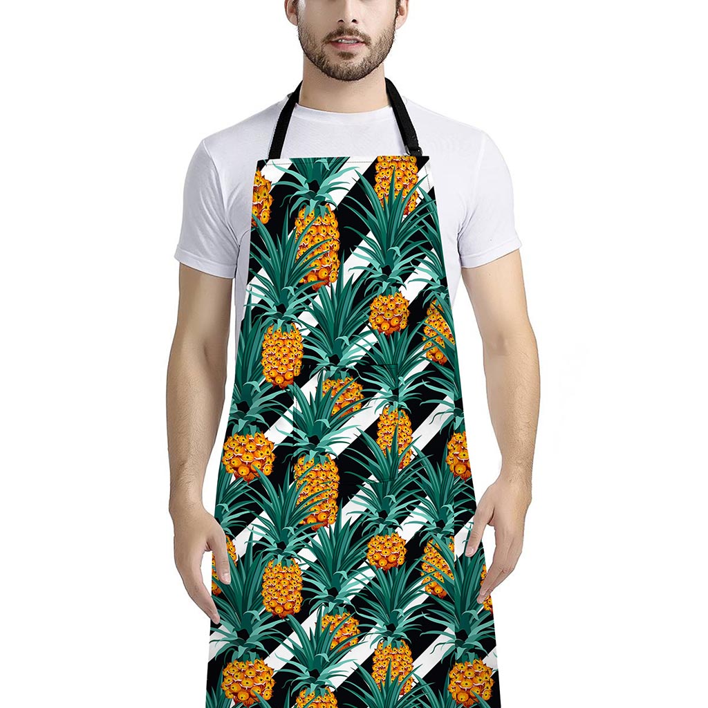 Pineapple Striped Pattern Print Bib Apron With Pocket