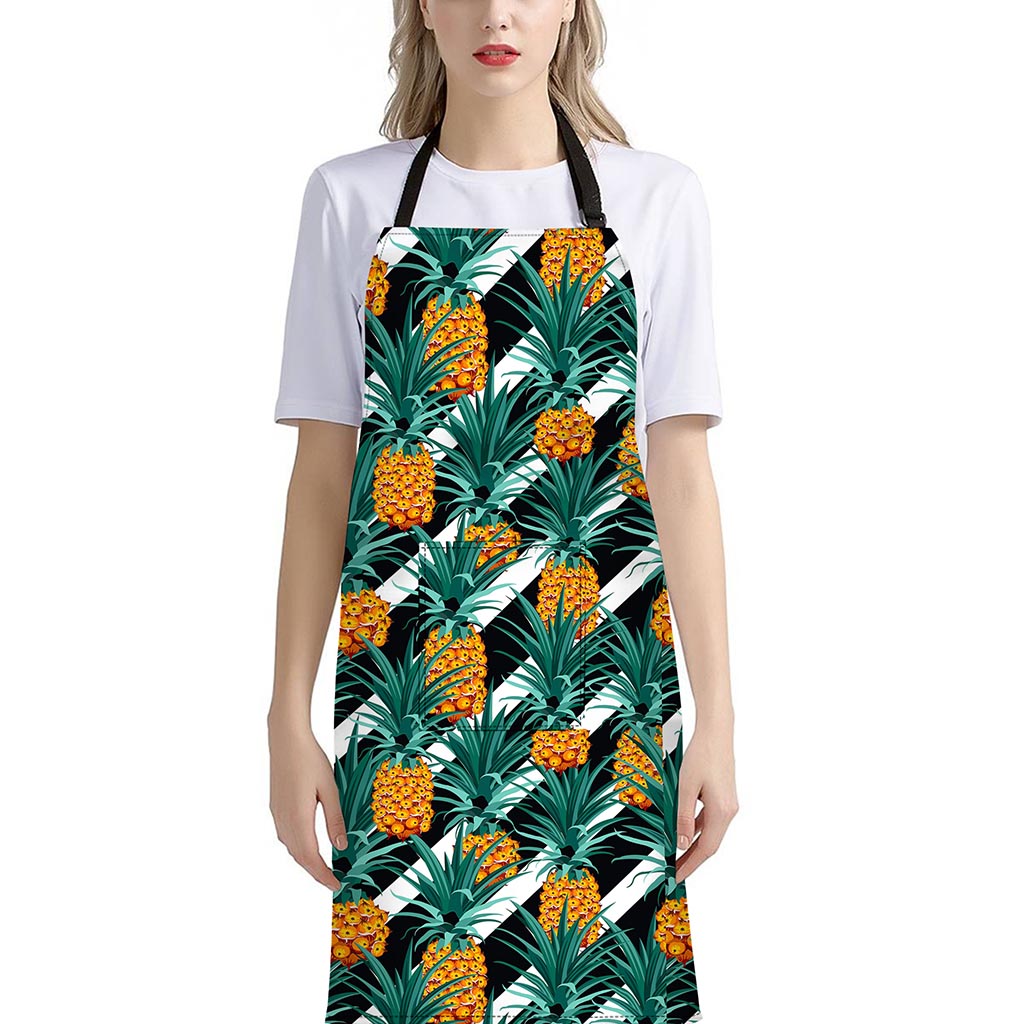 Pineapple Striped Pattern Print Bib Apron With Pocket
