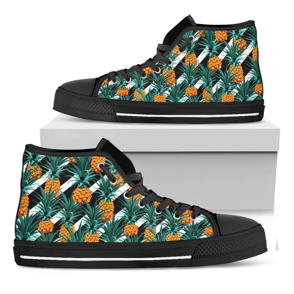 Pineapple Striped Pattern Print Black High Top Sneakers