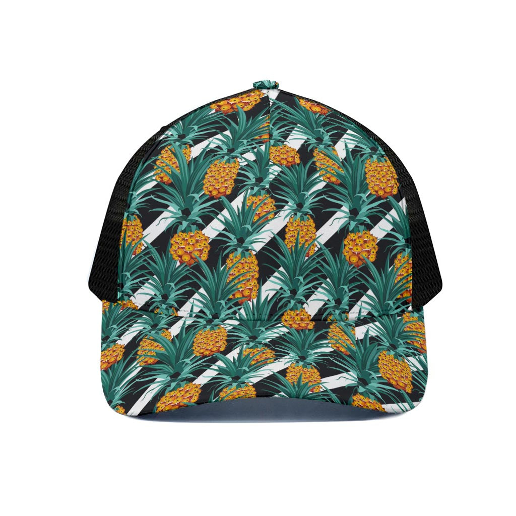 Pineapple Striped Pattern Print Black Mesh Trucker Cap