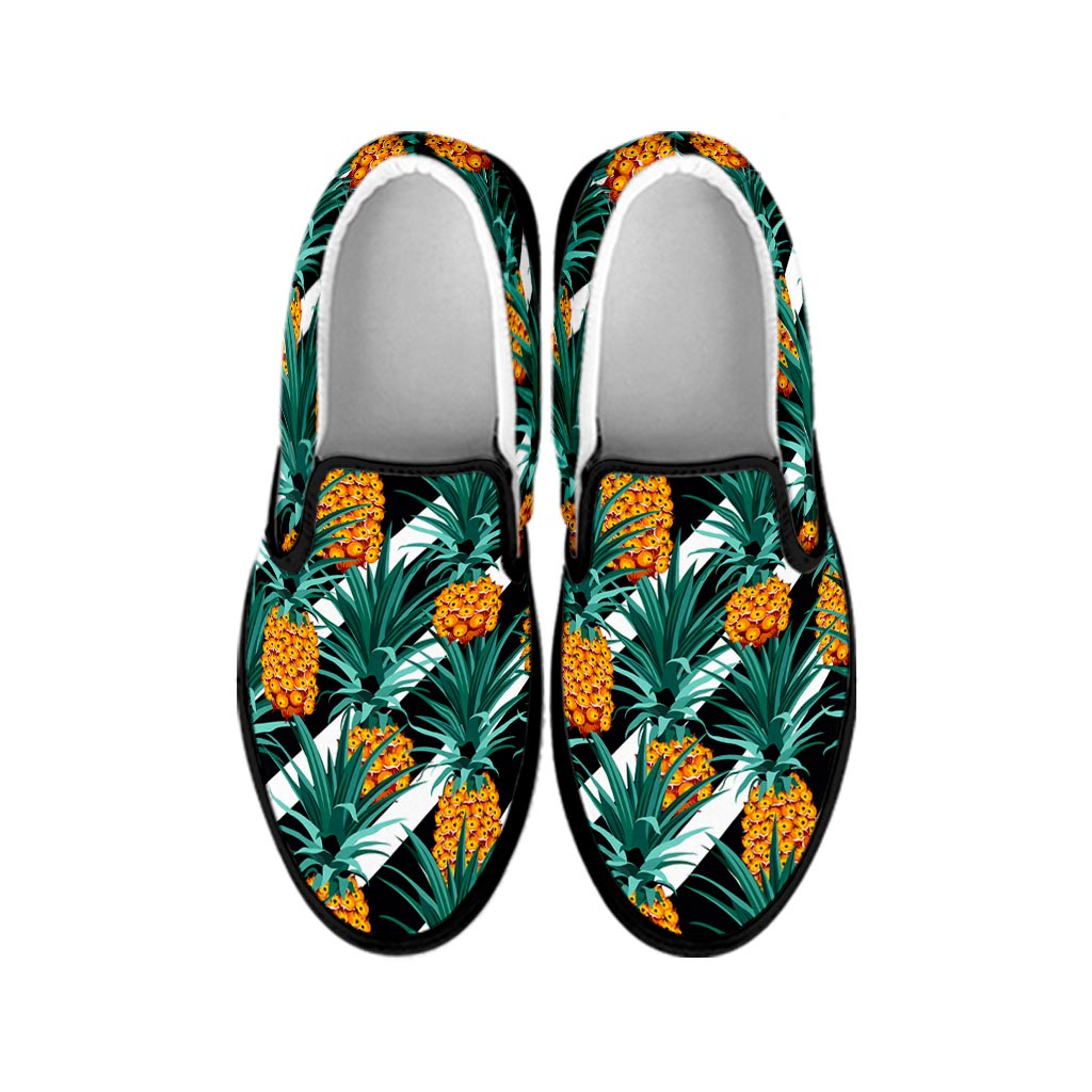 Pineapple Striped Pattern Print Black Slip On Sneakers