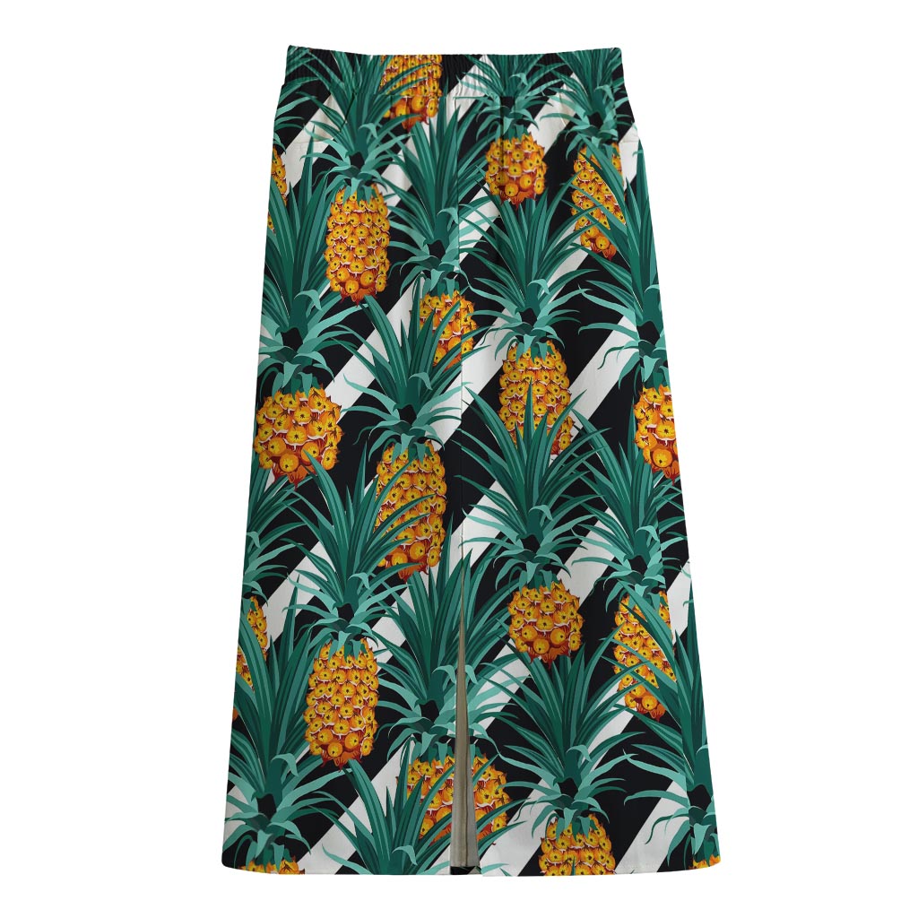 Pineapple Striped Pattern Print Cotton Front Slit Maxi Skirt