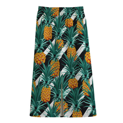 Pineapple Striped Pattern Print Cotton Front Slit Maxi Skirt