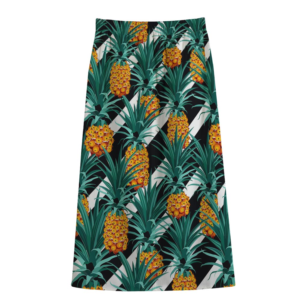 Pineapple Striped Pattern Print Cotton Front Slit Maxi Skirt