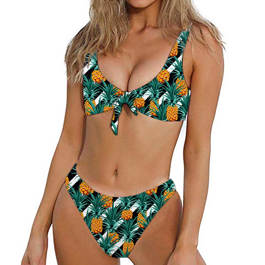 Pineapple Striped Pattern Print Front Bow Tie Bikini