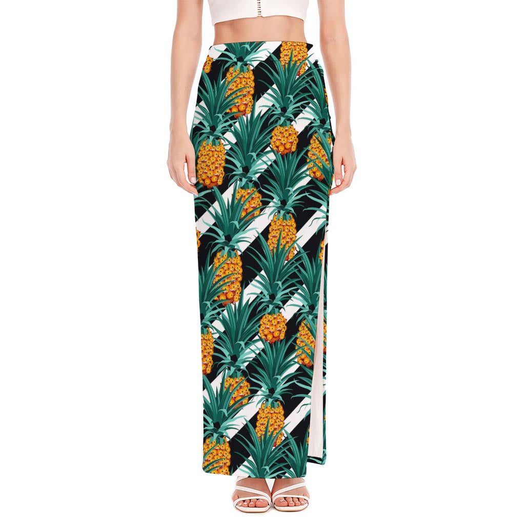 Pineapple Striped Pattern Print High Slit Maxi Skirt