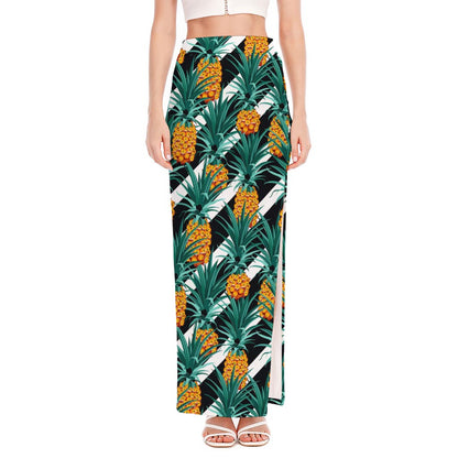 Pineapple Striped Pattern Print High Slit Maxi Skirt