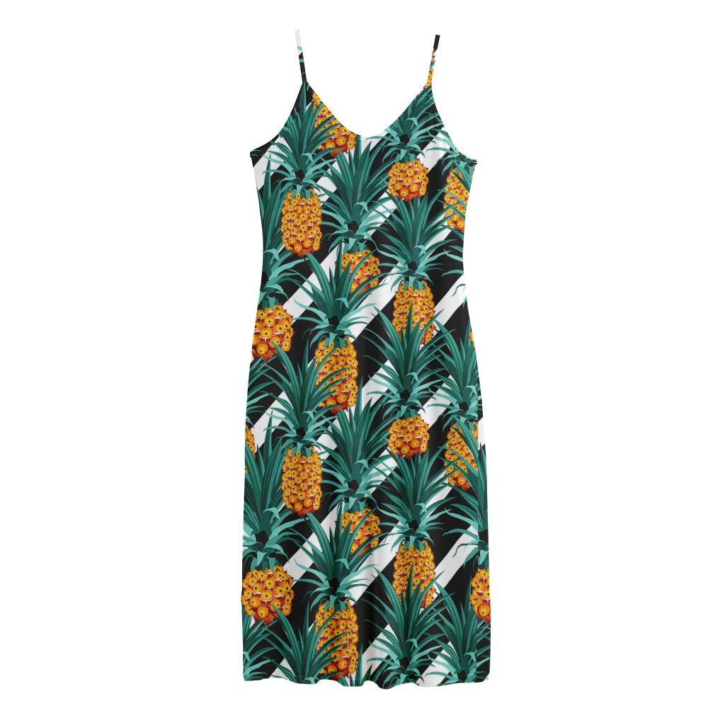 Pineapple Striped Pattern Print Jersey Midi Cami Dress