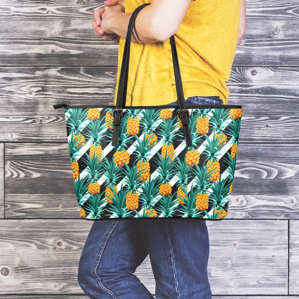 Pineapple Striped Pattern Print Leather Tote Bag