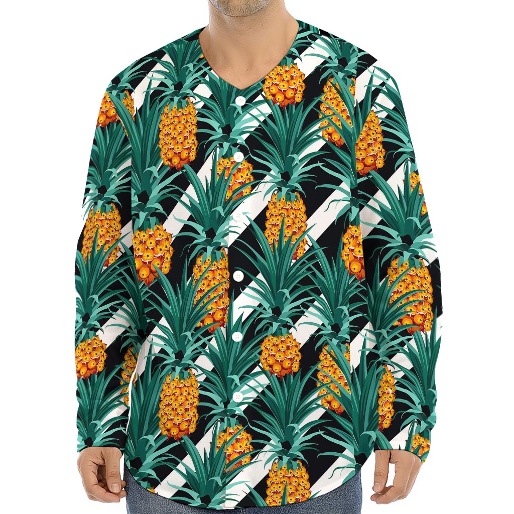 Pineapple Striped Pattern Print Long Sleeve Baseball Jersey
