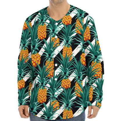 Pineapple Striped Pattern Print Long Sleeve Baseball Jersey