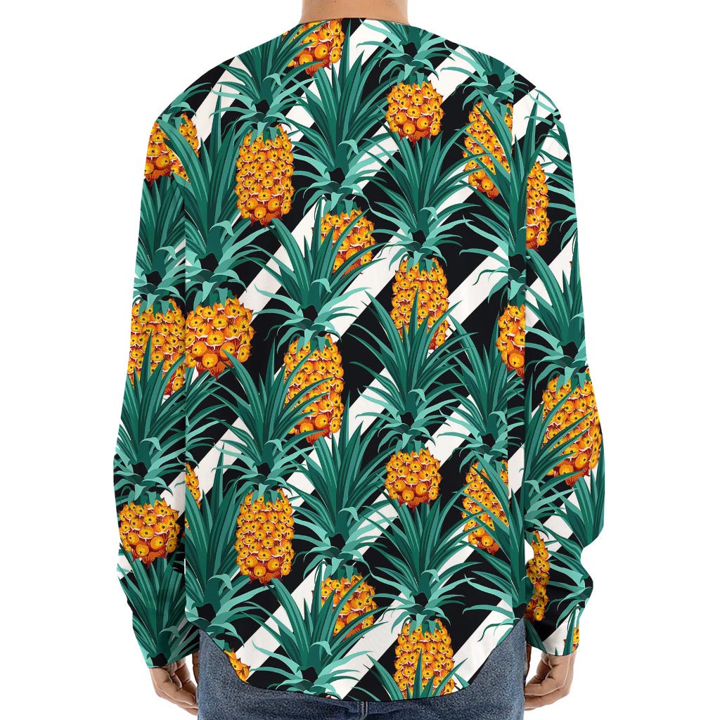 Pineapple Striped Pattern Print Long Sleeve Baseball Jersey