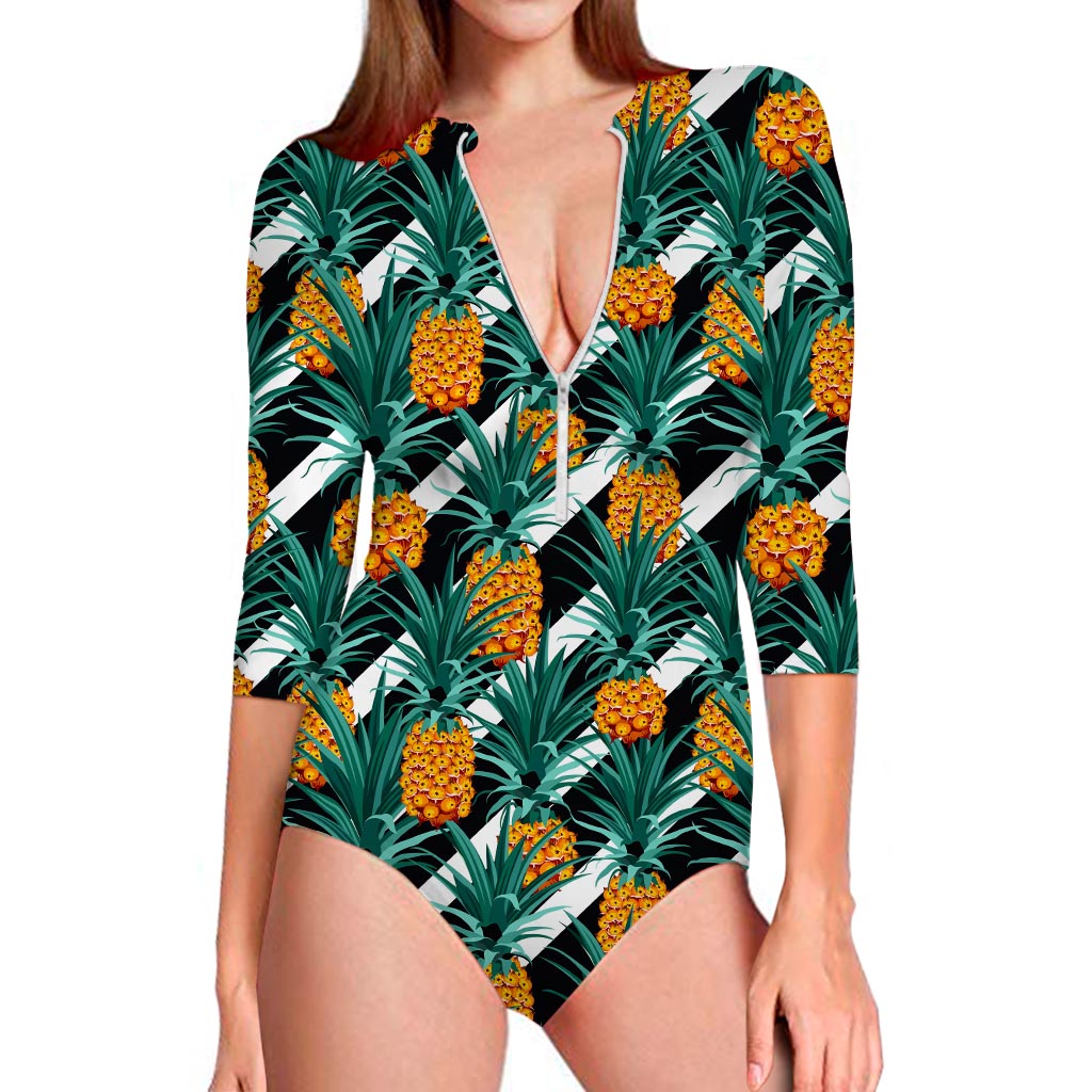 Pineapple Striped Pattern Print Long Sleeve Swimsuit