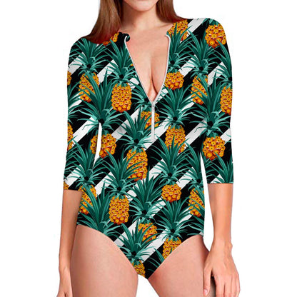 Pineapple Striped Pattern Print Long Sleeve Swimsuit