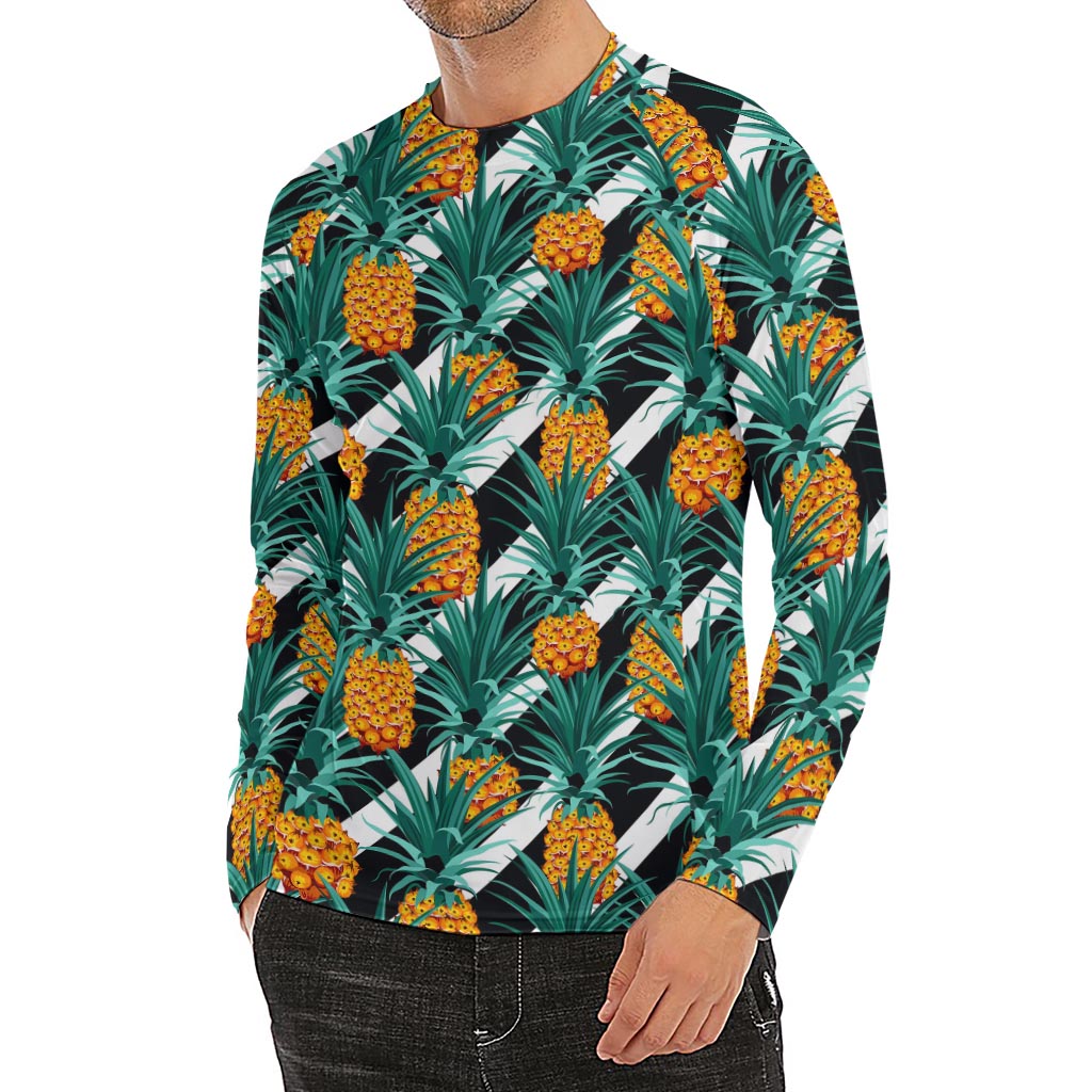 Pineapple Striped Pattern Print Men's Long Sleeve Rash Guard