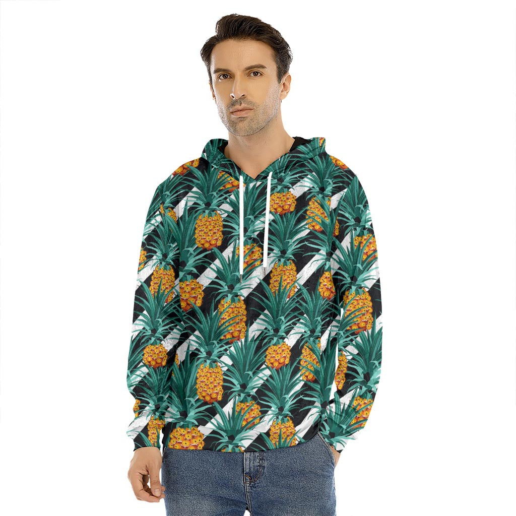 Pineapple Striped Pattern Print Men's Velvet Pullover Hoodie