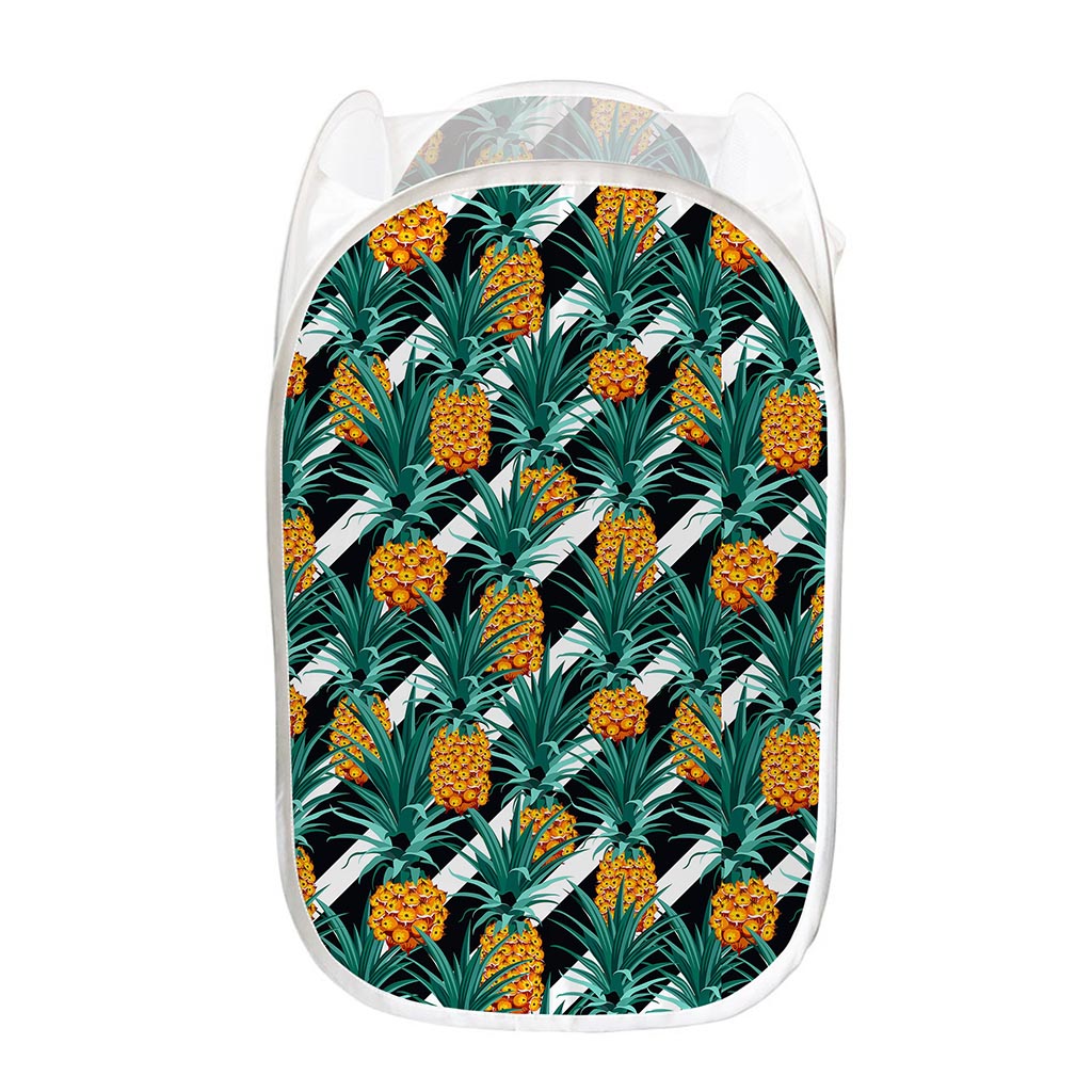 Pineapple Striped Pattern Print Mesh Laundry Hamper