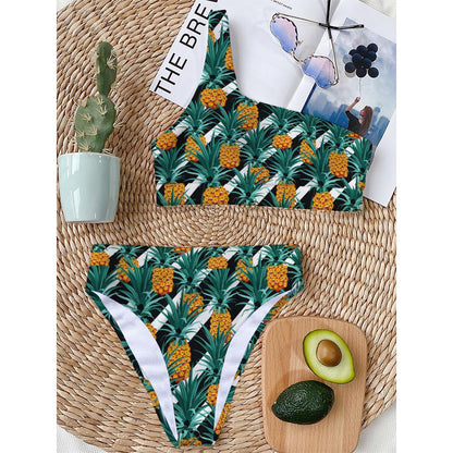 Pineapple Striped Pattern Print One Shoulder Bikini Top