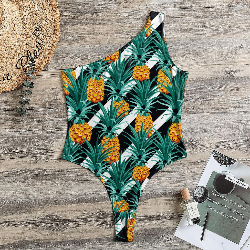 Pineapple Striped Pattern Print One Shoulder Bodysuit
