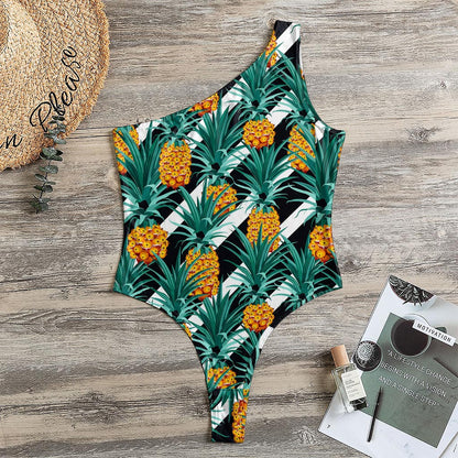 Pineapple Striped Pattern Print One Shoulder Bodysuit