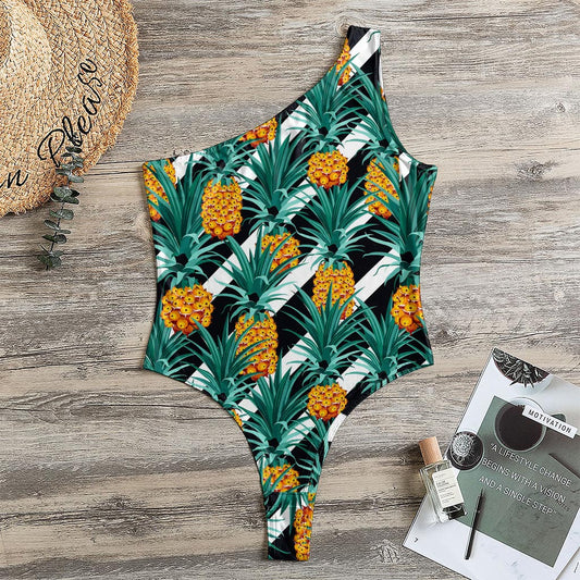 Pineapple Striped Pattern Print One Shoulder Bodysuit
