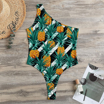 Pineapple Striped Pattern Print One Shoulder Bodysuit