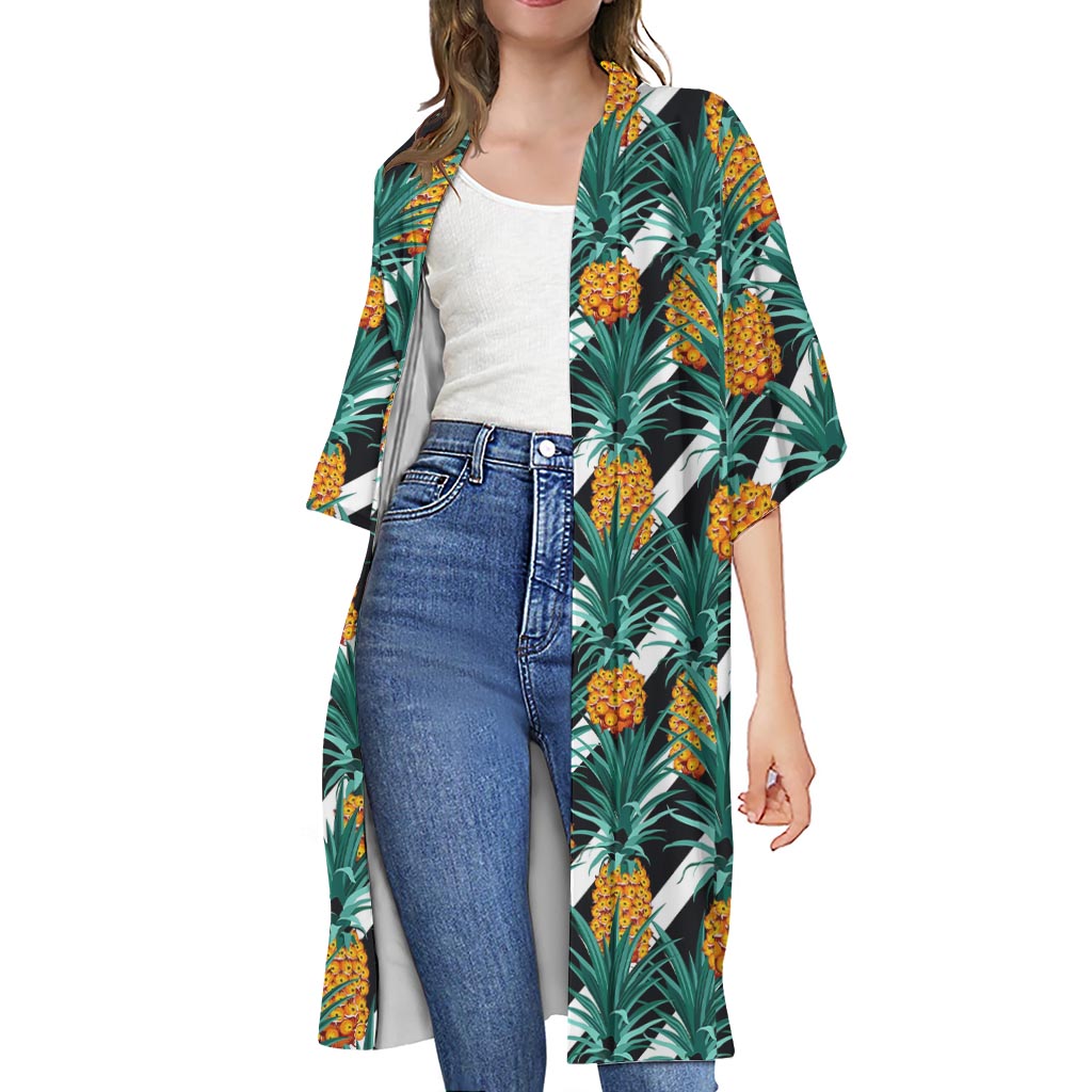 Pineapple Striped Pattern Print Open Front Beach Cover Up