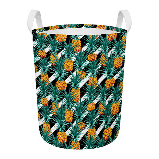 Pineapple Striped Pattern Print Round Laundry Basket