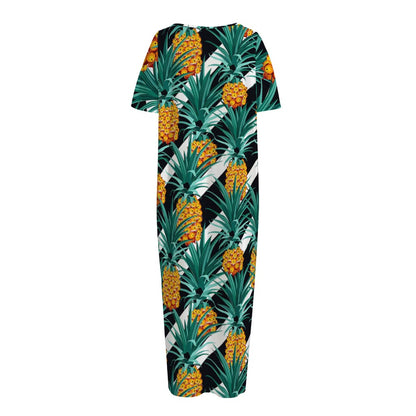 Pineapple Striped Pattern Print Short Sleeve Long Nightdress