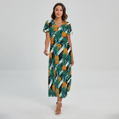 Pineapple Striped Pattern Print Short Sleeve Maxi Dress