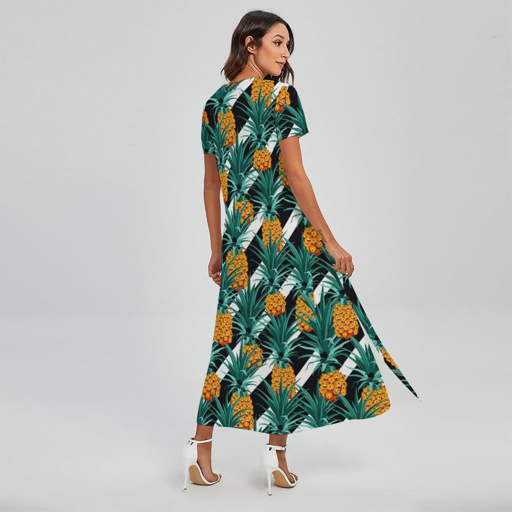 Pineapple Striped Pattern Print Short Sleeve Maxi Dress