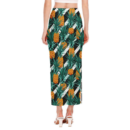 Pineapple Striped Pattern Print Side Slit Maxi Skirt