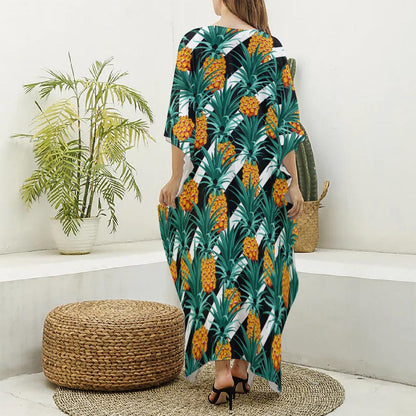 Pineapple Striped Pattern Print Silk V-Neck Kaftan Dress