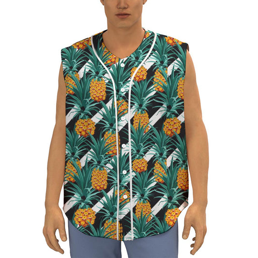 Pineapple Striped Pattern Print Sleeveless Baseball Jersey