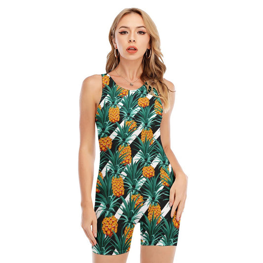 Pineapple Striped Pattern Print Sleeveless One Piece Swimsuit
