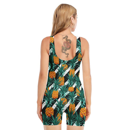 Pineapple Striped Pattern Print Sleeveless One Piece Swimsuit