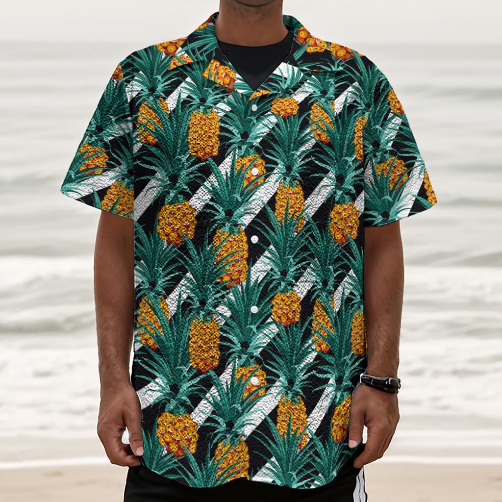 Pineapple Striped Pattern Print Textured Short Sleeve Shirt