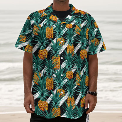 Pineapple Striped Pattern Print Textured Short Sleeve Shirt