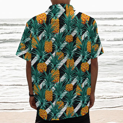 Pineapple Striped Pattern Print Textured Short Sleeve Shirt